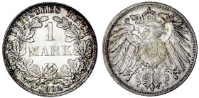 1 Mark großer Adler, Silber 1891-1916
1902 F. Polierte Platte, nur leicht berührt, feine Tönung, sehr selten. Jaeger 17.