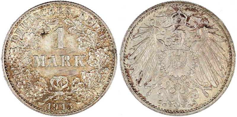 1 Mark großer Adler, Silber 1891-1916
1913 G. vorzüglich/Stempelglanz. Jaeger 1...