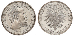 Anhalt
Friedrich I., 1871-1904
2 Mark 1876 A. vorzüglich/Stempelglanz, selten in dieser Erhaltung. Jaeger 19.