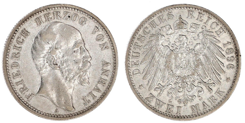 Anhalt
Friedrich I., 1871-1904
2 Mark 1896 A. sehr schön. Jaeger 20.