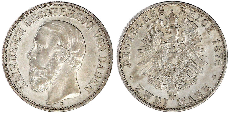 Baden
Friedrich I., 1856-1907
2 Mark 1876 G. fast vorzüglich. Jaeger 26.