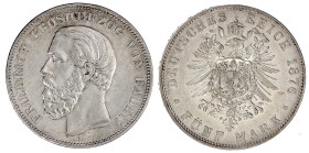 Baden
Friedrich I., 1856-1907
5 Mark 1876 G. A mit Querstrich. gutes vorzüglich. Jaeger 27.