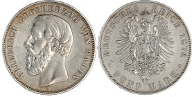 Baden
Friedrich I., 1856-1907
5 Mark 1876 G. sehr schön/vorzüglich. Jaeger 27.