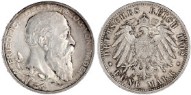 Baden
Friedrich I., 1856-1907
5 Mark 1902. 50 jähriges Regierungsjubiläum. vorzüglich/Stempelglanz, schöne Tönung. Jaeger 31.