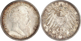 Baden
Friedrich I., 1856-1907
2 Mark 1907. Auf seinen Tod. fast Stempelglanz, Prachtexemplar mit feiner Tönung. Jaeger 36.