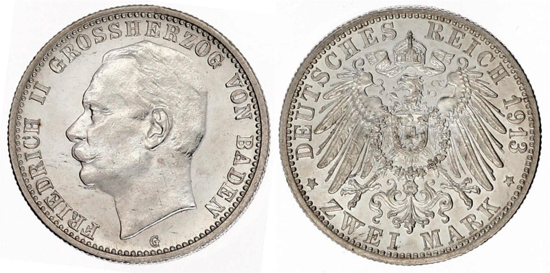 Baden
Friedrich II., 1907-1918
2 Mark 1913 G. vorzüglich/Stempelglanz, Vs. etw...