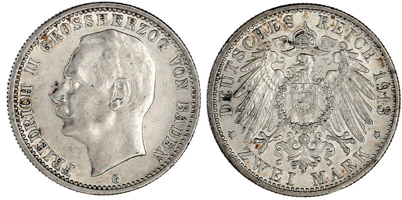 Baden
Friedrich II., 1907-1918
2 Mark 1913 G. fast vorzüglich, etwas berieben....