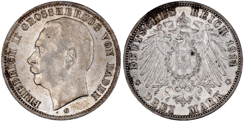 Baden
Friedrich II., 1907-1918
3 Mark 1914 G. vorzüglich/Stempelglanz. Jaeger ...