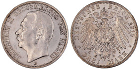 Baden
Friedrich II., 1907-1918
3 Mark 1915 G. Seltenes Jahr. vorzüglich. Jaeger 39.