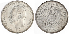 Baden
Friedrich II., 1907-1918
5 Mark 1913 G. prägefrisch, leichter Kratzer. Jaeger 40.