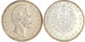 Bayern
Ludwig II., 1864-1886
5 Mark 1874 D. vorzüglich/Stempelglanz. Jaeger 42.