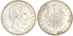 Bayern
Ludwig II., 1864-1886
5 Mark 1874 D. gutes vorzüglich, winz. Kratzer. Jaeger 42.