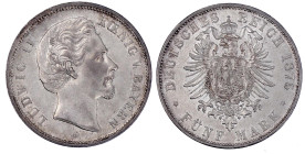 Bayern
Ludwig II., 1864-1886
5 Mark 1875 D. vorzüglich/Stempelglanz. Jaeger 42.