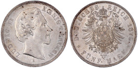 Bayern
Ludwig II., 1864-1886
5 Mark 1876 D. vorzüglich/Stempelglanz. Jaeger 42.