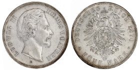 Bayern
Ludwig II., 1864-1886
5 Mark 1876 D. vorzüglich/Stempelglanz. Jaeger 42.