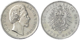 Bayern
Ludwig II., 1864-1886
5 Mark 1876 D. vorzüglich, winz. Randfehler. Jaeger 42.