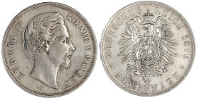 Bayern
Ludwig II., 1864-1886
5 Mark 1876 D. vorzüglich. Jaeger 42.