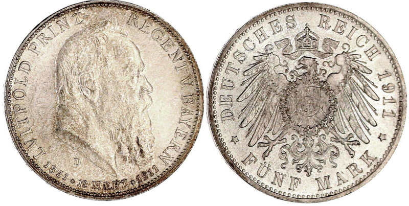 Bayern
Luitpold 1911-1912
5 Mark 1911 D. Zum 90 jähr. Geb. vorzüglich/Stempelg...