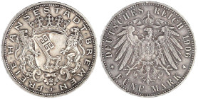 Bremen
5 Mark 1906 J. vorzüglich, kl. Randfehler, schöne Patina. Jaeger 60.