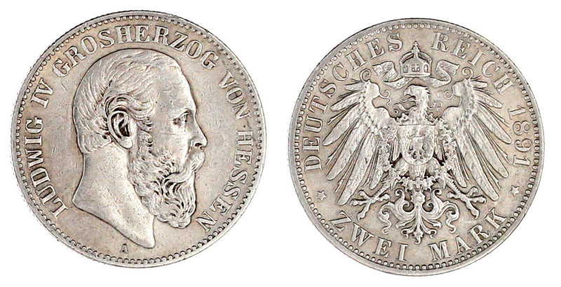 Hessen
Ludwig IV., 1877-1892
2 Mark 1891 A. sehr schön, kl. Kratzer. Jaeger 70...