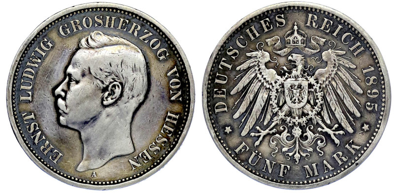 Hessen
Ernst Ludwig, 1892-1918
5 Mark 1895 A. fast sehr schön, schöne Patina. ...