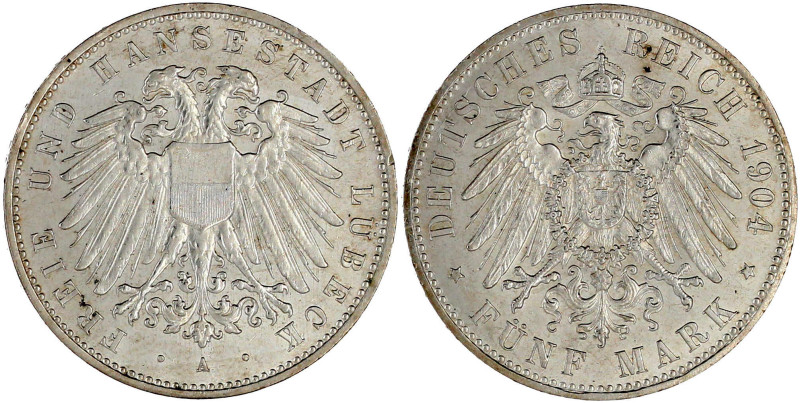 Lübeck
5 Mark 1904 A. vorzüglich/Stempelglanz, kl. Randfehler. Jaeger 83.