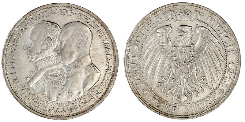 Mecklenburg-Schwerin
Friedrich Franz IV., 1897-1918
5 Mark 1915 A. 100 Jahrfei...