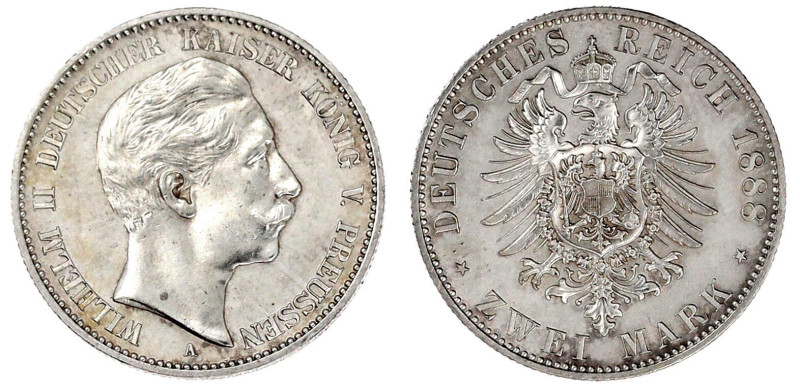 Preußen
Wilhelm II., 1888-1918
2 Mark 1888 A. Kl. Adler. vorzüglich/Stempelgla...