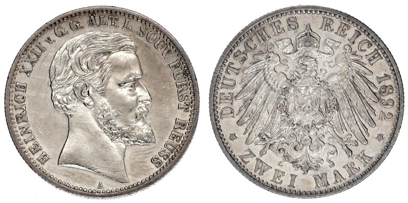 Reuß, ältere Linie
Heinrich XXII., 1859-1902
2 Mark 1892 A, zum 25-jähr. (Regi...