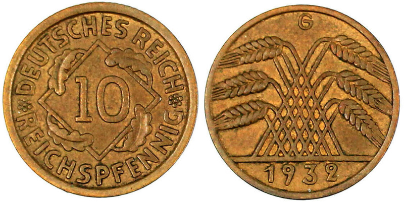 Kursmünzen
10 Reichspfennig, messingfarben 1924-1936
1932 G. gutes sehr schön,...