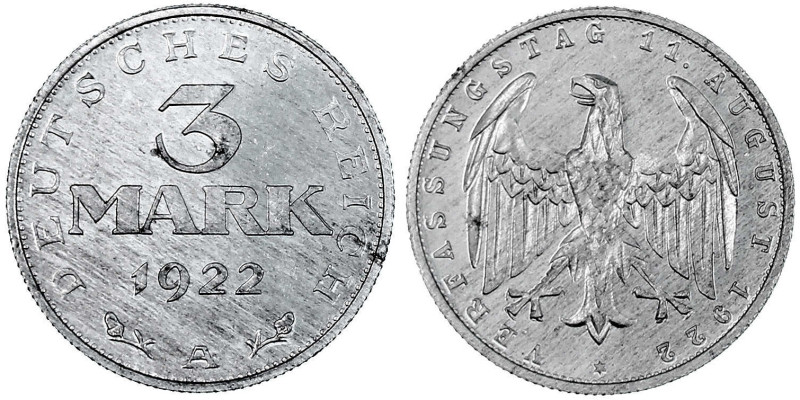 Kursmünzen
3 Mark, Aluminium mit Umschrift 1922-1923
1922 A. Polierte Platte, ...