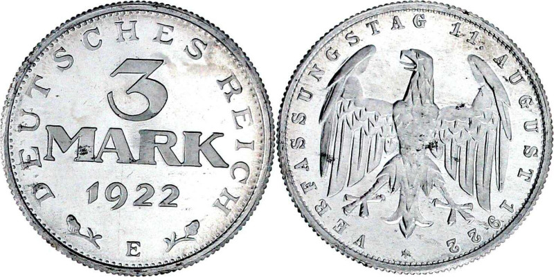 Kursmünzen
3 Mark, Aluminium mit Umschrift 1922-1923
1922 E. Polierte Platte. ...