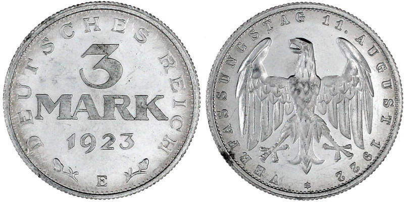 Kursmünzen
3 Mark, Aluminium mit Umschrift 1922-1923
1923 E. Polierte Platte, ...