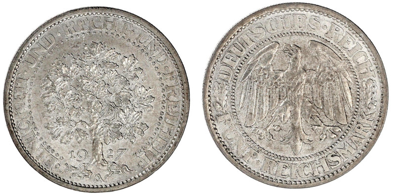 Kursmünzen
5 Reichsmark Eichbaum Silber 1927-1933
1927 A. vorzüglich/Stempelgl...