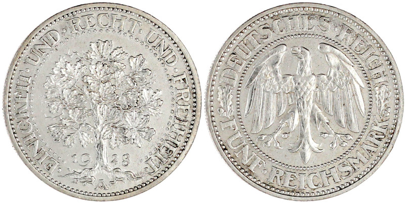 Kursmünzen
5 Reichsmark Eichbaum Silber 1927-1933
1928 A. vorzüglich. Jaeger 3...