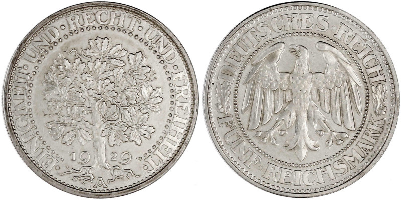 Kursmünzen
5 Reichsmark Eichbaum Silber 1927-1933
1929 A. Polierte Platte, Pra...