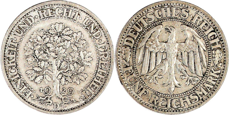 Kursmünzen
5 Reichsmark Eichbaum Silber 1927-1933
1929 D. sehr schön/vorzüglic...