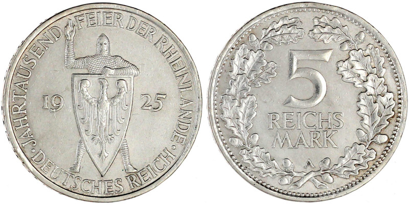 Gedenkmünzen
5 Reichsmark Rheinlande
1925 A. vorzüglich, kl. Randfehler. Jaege...