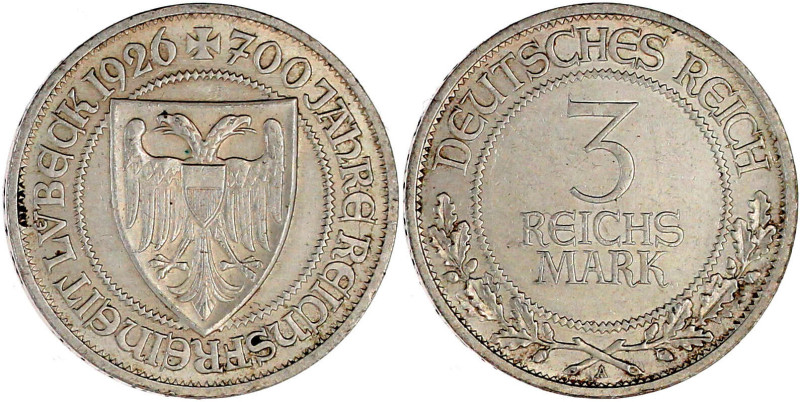 Gedenkmünzen
3 Reichsmark Lübeck
1926 A. gutes vorzüglich, berieben. Jaeger 32...