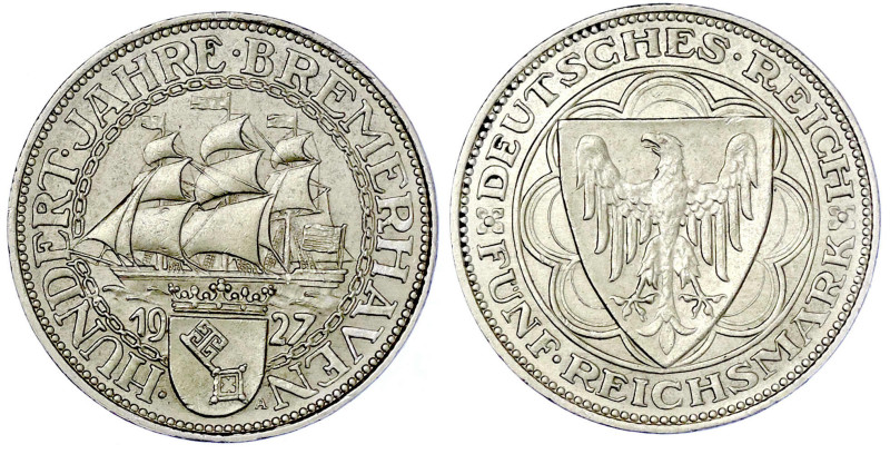 Gedenkmünzen
5 Reichsmark Bremerhaven
1927 A. vorzüglich/Stempelglanz. Jaeger ...