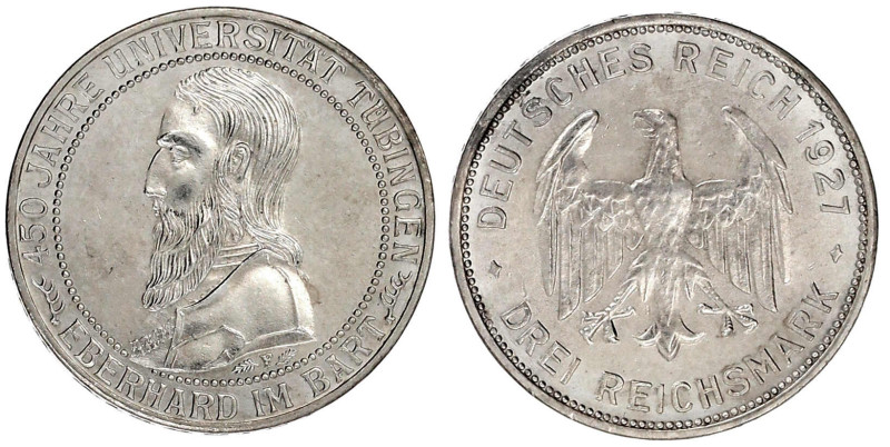 Gedenkmünzen
3 Reichsmark Tübingen
1927 F. gutes vorzüglich. Jaeger 328.