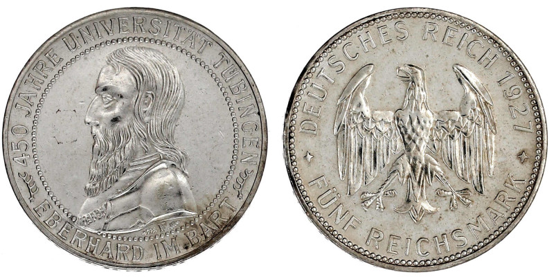 Gedenkmünzen
5 Reichsmark Tübingen
1927 F. vorzüglich, berieben. Jaeger 329....