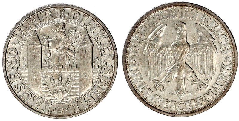 Gedenkmünzen
3 Reichsmark Dinkelsbühl
1928 D. vorzüglich/Stempelglanz. Jaeger ...