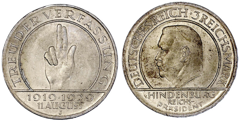 Gedenkmünzen
3 Reichsmark Schwurhand
1929 J. fast Stempelglanz. Jaeger 340.