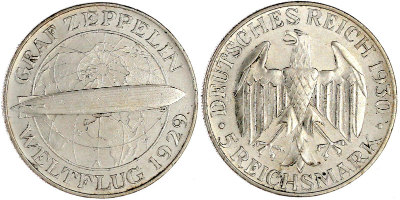 Gedenkmünzen
5 Reichsmark Zeppelin
1930 A. vorzüglich. Jaeger 343.