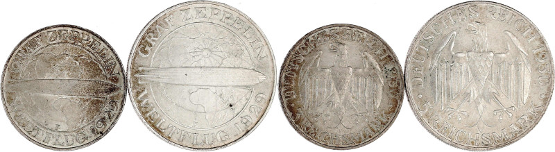 Gedenkmünzen
5 Reichsmark Zeppelin
2 Stück: 3 und 5 Mark 1930 F. beide vorzügl...