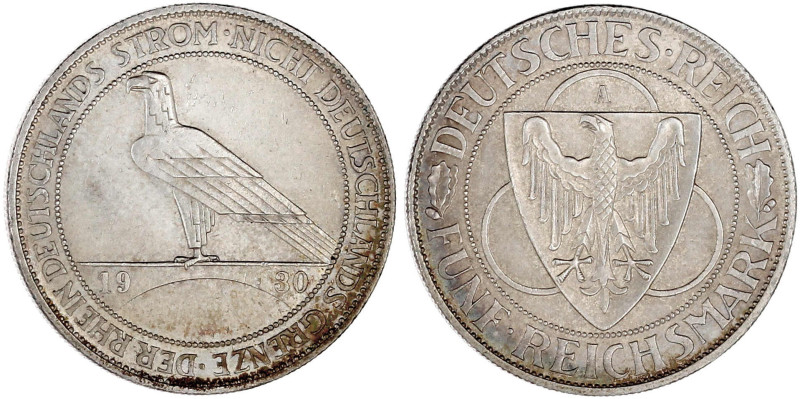 Gedenkmünzen
5 Reichsmark Rheinstrom
1930 A. fast Stempelglanz, schöne Tönung....