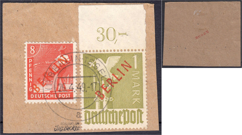 Deutschland
Berlin
8 Pf. + 1 M. Rotaufdruck 1949, traumhaft gestempelt auf Bri...