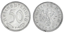 Klein/- und Kursmünzen
50 Reichspfennig, Aluminium 1939-1944
1944 F. Erstabschlag/Polierte Platte, selten in dieser Erhaltung. Jaeger 372.