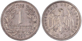 Klein/- und Kursmünzen
1 Reichsmark, Nickel 1933-1939
1939 G. gutes vorzüglich. Jaeger 354.